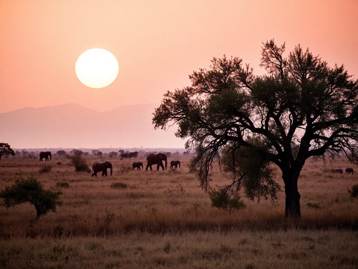 Elefantes na savana africana ao nascer do sol