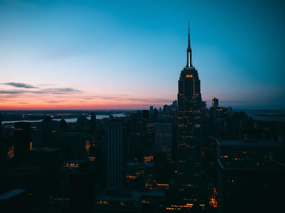 Horizonte de Nova York iluminado ao anoitecer