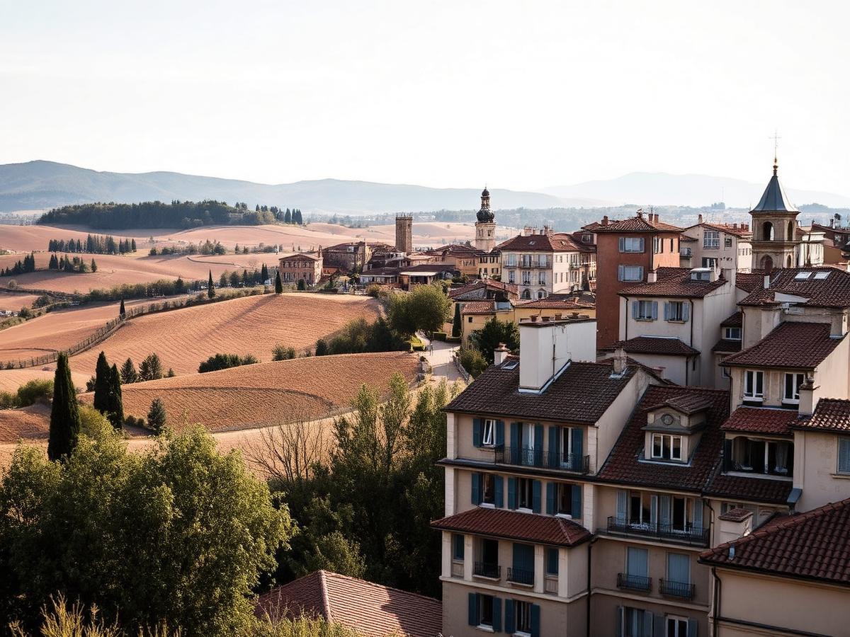 Colinas da Toscana ao lado de telhados de uma cidade europeia ao entardecer