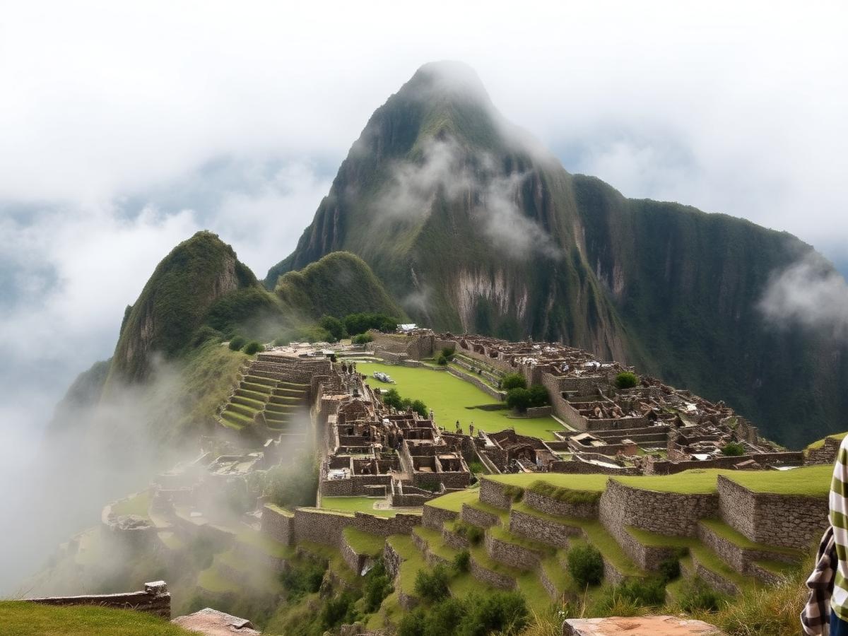 Ruínas de Machu Picchu envoltas em névoa nos Andes peruanos